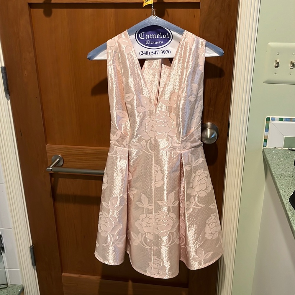 Rose jacquard mini dress.